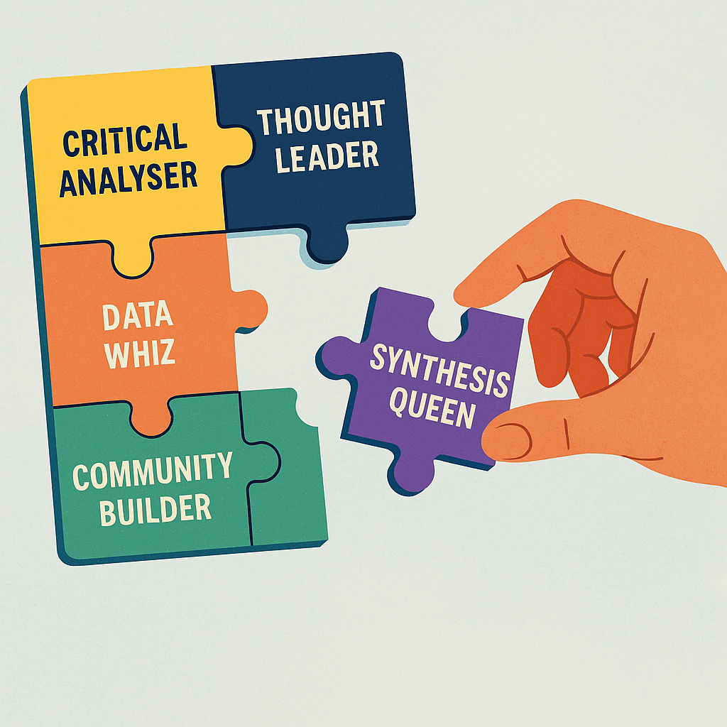 jigsaw pieces of identity components (critical analyser, thought leader, data whiz, community builder, communicator, synthesis queen) being slotted together